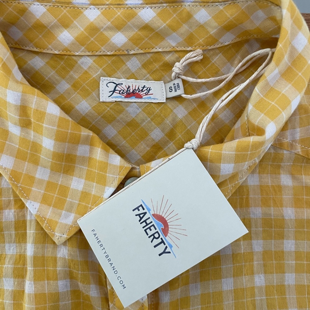 NWT Faherty Avery Short Sleeve Button Up Shirt 100% Cotton Yellow Plaid Womens S - Picture 4 of 10